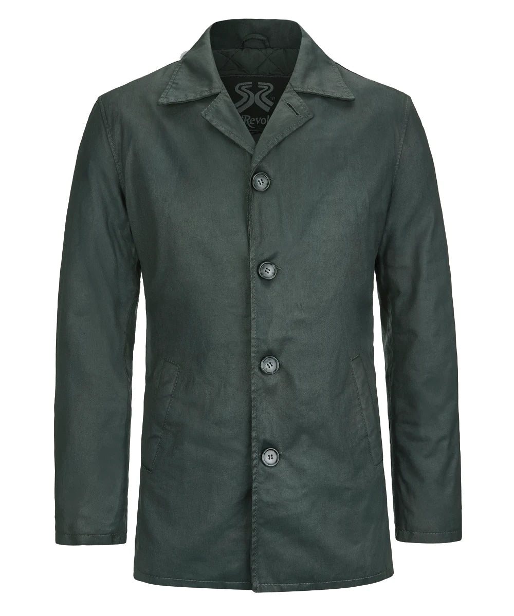 Front view of Dean Winchester Supernatural replica green cotton jacket with vintage styling