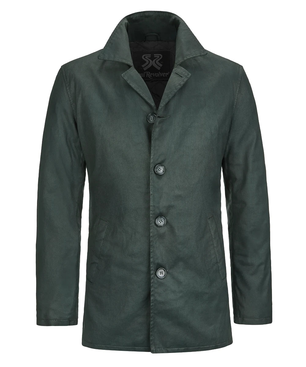 Front view of Dean Winchester Supernatural replica green cotton jacket with vintage styling