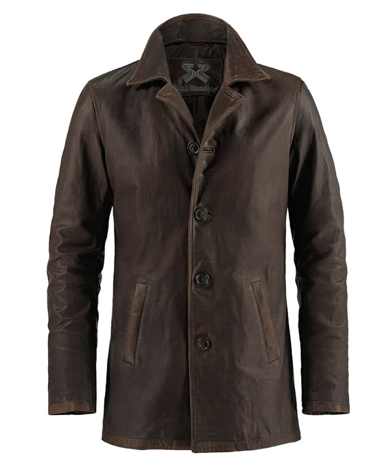 Front view of Dean Winchester Supernatural replica brown calf leather jacket with vintage styling