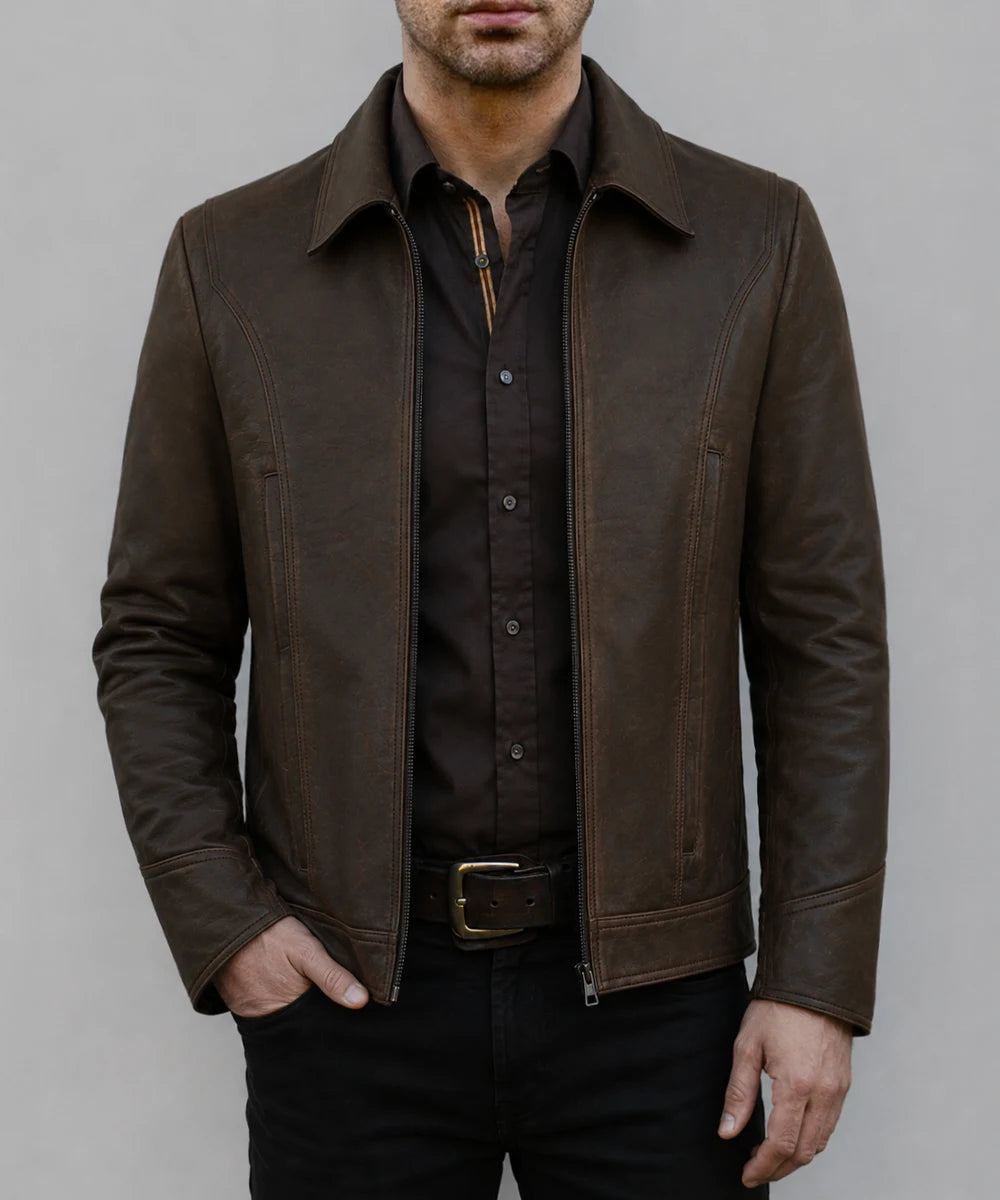 Model wearing Logan Wolverine X-Men Days of Future Past replica brown calf leather jacket with vintage styling