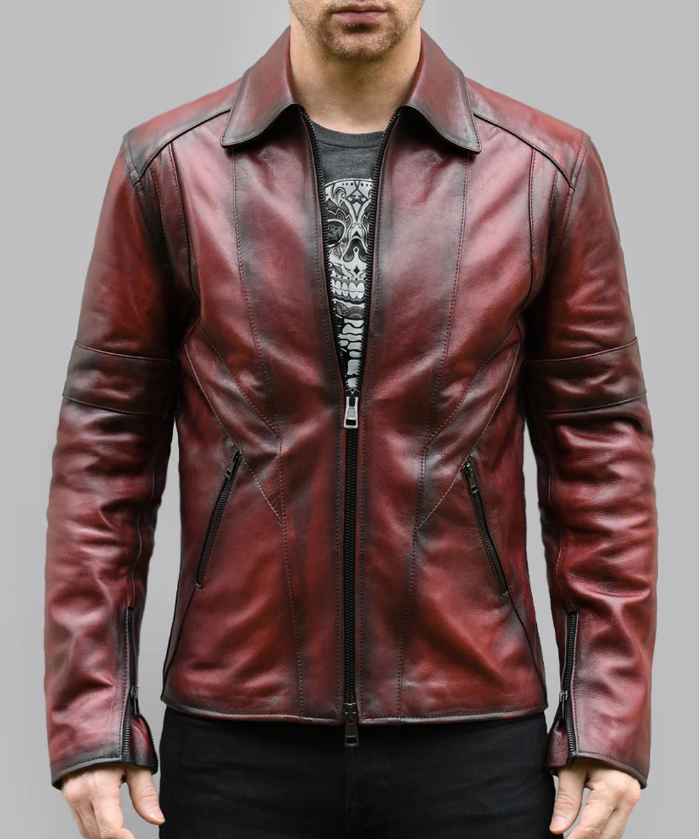 Men's vintage red leather jacket with antique finish