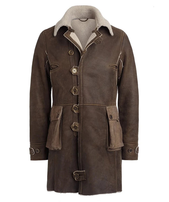 Brown Bane replica shearling coat with oversized collar front view