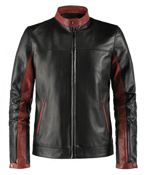 Black Crusader replica leather jacket with red sleeve panels and stand collar front view