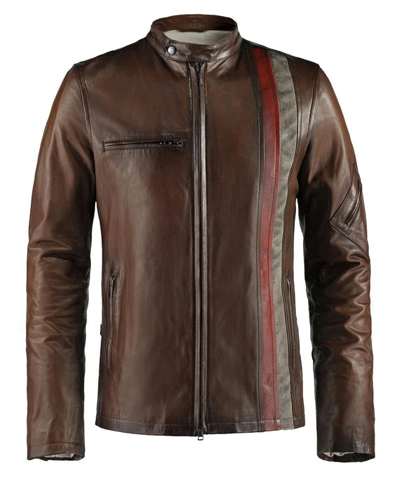 Brown Cyclops replica leather jacket with red and distressed white racing stripe front view