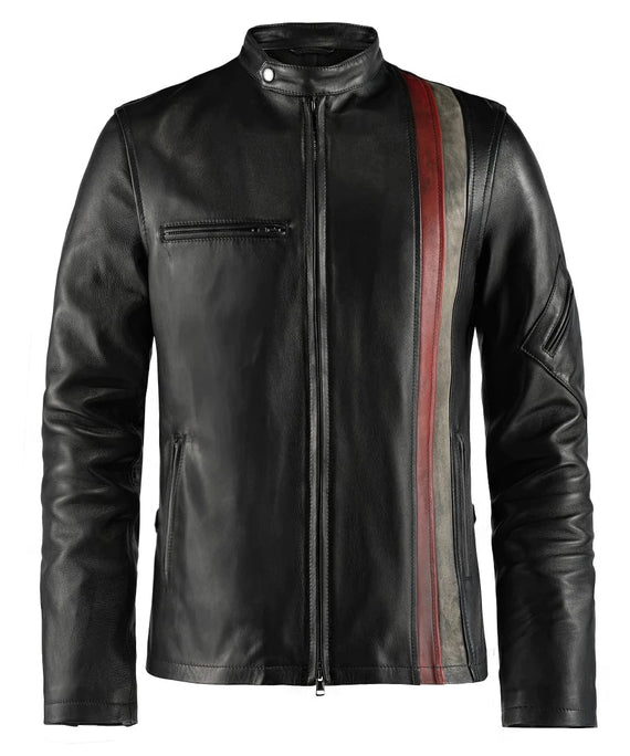 Black Cyclops replica leather jacket with diagonal red and white racing stripe front view