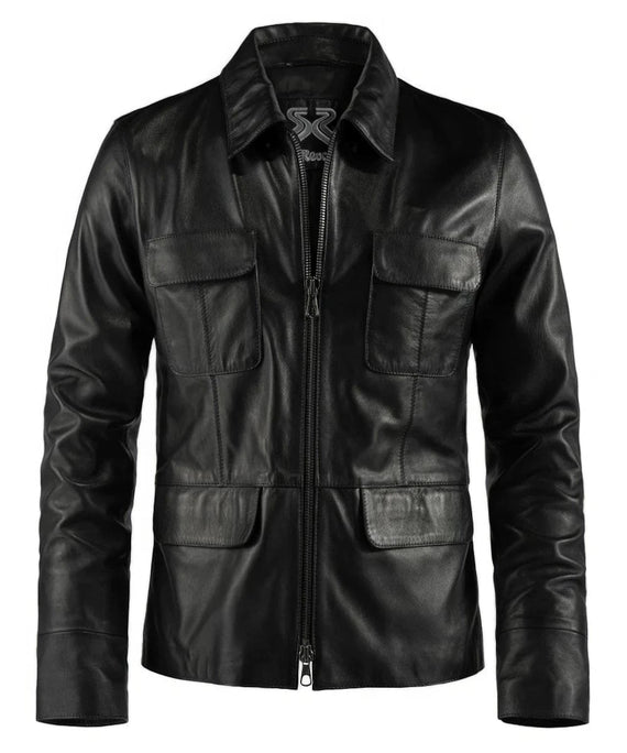 Black Damon Salvatore replica leather jacket with utility pockets and zip front view