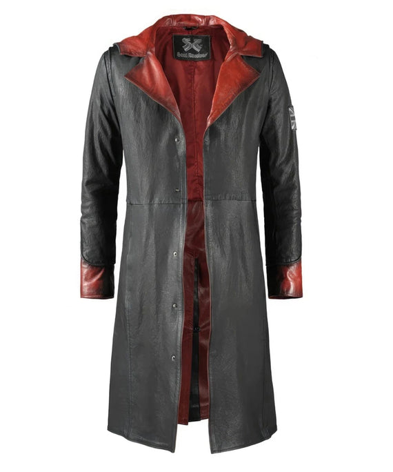 Grey and red Dante DMC5 replica leather coat with longline fit and open front view