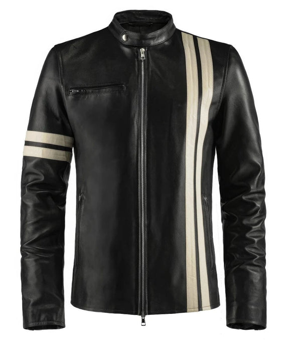 Black Driver San Francisco John Tanner replica leather jacket with white racing stripe detail front view