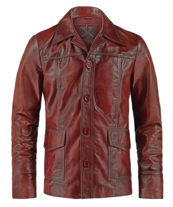 Fight Club Tyler Durden replica red leather jacket with antique finish and vintage button front design