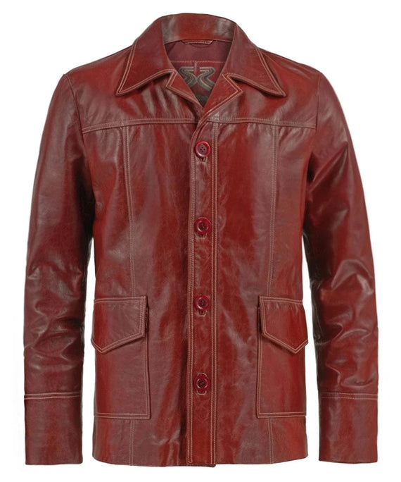 Fight Club Tyler Durden replica red leather jacket with vintage button front design