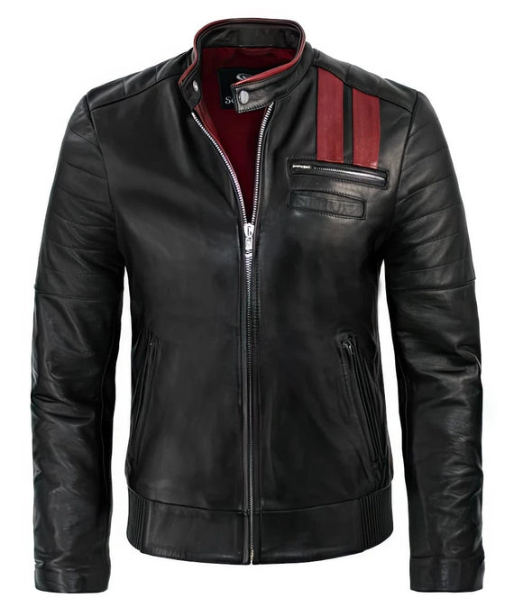 Vintage slim fit black leather cafe racer jacket with red stripe detailing and quilted shoulder panels