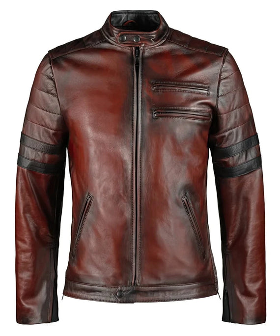 Vintage slim fit antique red leather cafe racer jacket with biker inspired stripe detailing and zip chest pockets