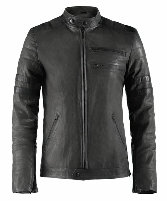 Vintage slim fit grey leather cafe racer jacket with biker inspired stripe detailing and zip chest pockets
