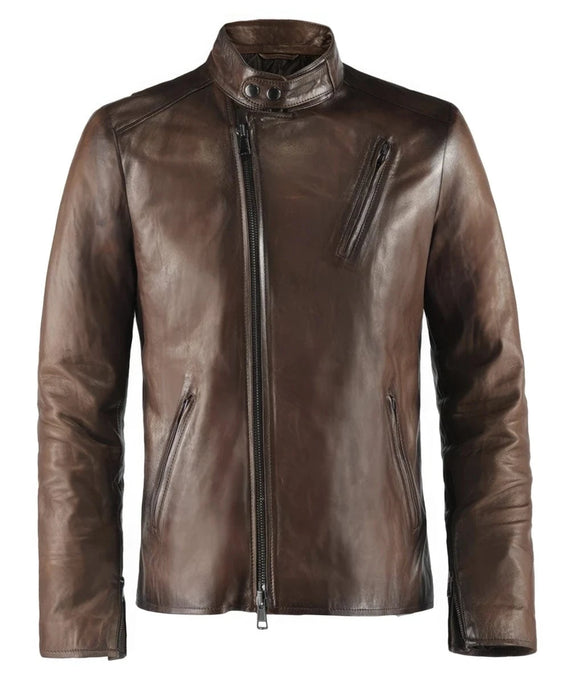 Iron Man movie replica vintage slim fit brown leather cafe racer jacket with angled zip chest pocket detailing and biker inspired styling