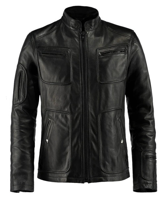 Black leather slim fit Kirk movie replica jacket featuring a band collar, front zip closure, oversized chest patch pockets with horizontal zip details, angled lower pockets, and subtle sci-fi inspired panel construction.