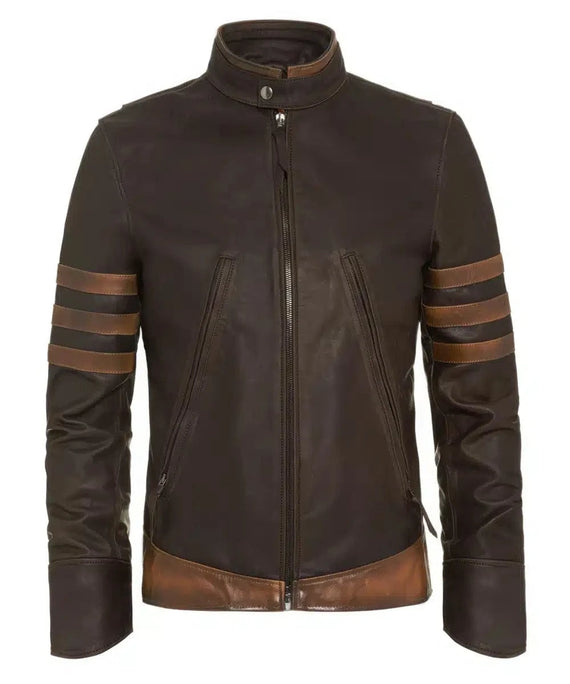 Origins replica brown calf leather jacket with slim fit vintage biker styling and contrast racing stripe detailing