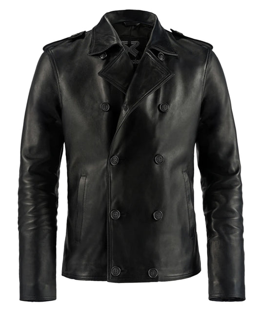 Mannequin view of a military style men's black leather jacket with double breasted buttons.