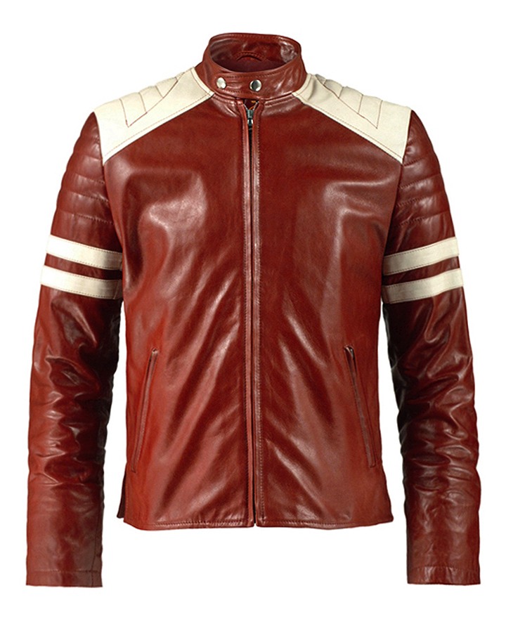 'MAYHEM' Men's Orange With White Stripe Biker Style Fight Club Leather Jacket 